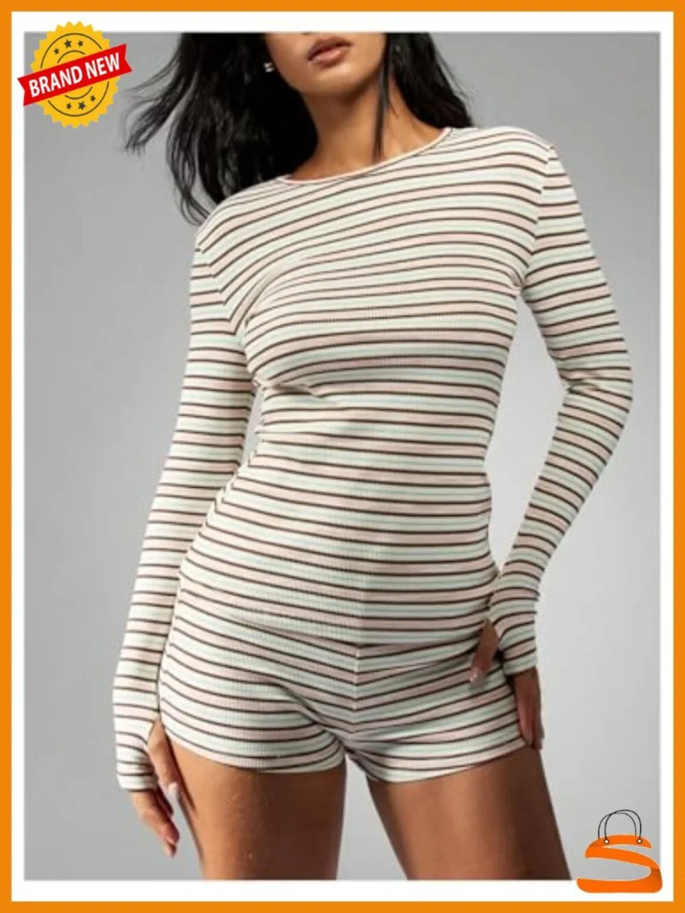 Striped Lounge Set 2 Piece Matching Athletic Set Long Sleeve Top with Shorts